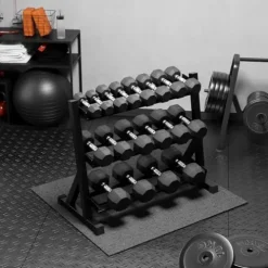 GarveeLife Premium Rubber Coated Hex Dumbbell Weight Set with Rack Black