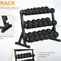 GarveeLife Premium Rubber Coated Hex Dumbbell Weight Set with Rack Black