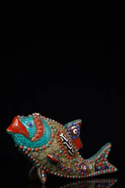 Generic 9″ Tibetan Bronze Dzi Beads Carp Statue Ornament
