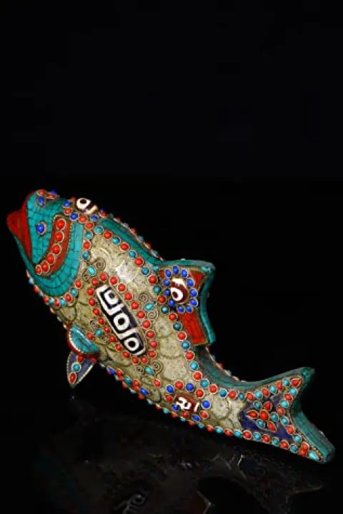 Generic 9″ Tibetan Bronze Dzi Beads Carp Statue Ornament