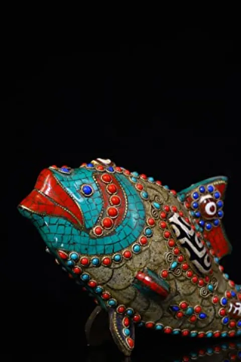 Generic 9″ Tibetan Bronze Dzi Beads Carp Statue Ornament