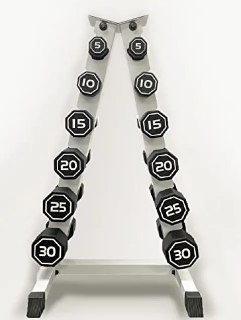 Generic Apollo Odorless Octagon Rubber Dumbbell Set 5lb-30lb 6 Pairs Total 210 lb Dumbbell with Rack Black