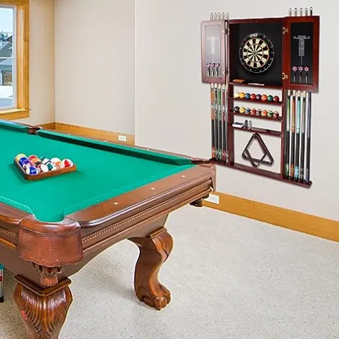 Generic Pool Cue Wall Mounted Rack & Dart Board Cabinet Combination