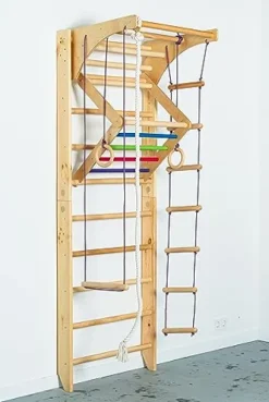 Generic Wooden Sport Ladder Set – Swedish Ladder w/Pull Up Bar, Rope Attachments, Monkey Triangle – Wall Stall Bars (Adjustable Pull Up Bar)