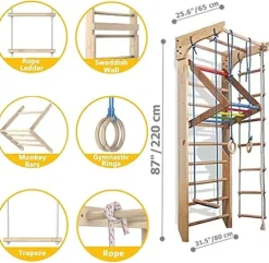 Generic Wooden Sport Ladder Set – Swedish Ladder w/Pull Up Bar, Rope Attachments, Monkey Triangle – Wall Stall Bars (Adjustable Pull Up Bar)