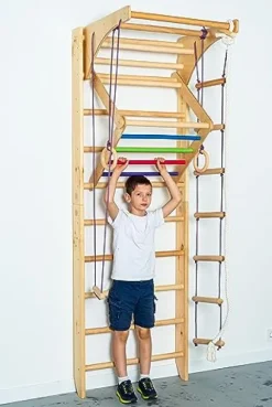 Generic Wooden Sport Ladder Set – Swedish Ladder w/Pull Up Bar, Rope Attachments, Monkey Triangle – Wall Stall Bars (Adjustable Pull Up Bar)