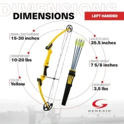 GENESIS Archery Compound Bow Kit Left-Handed Adjustable Draw Length 15″-30″ & Weight 10-20 lbs Yellow (3 Pack)