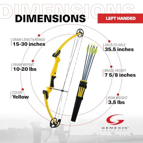 GENESIS Archery Compound Bow Kit Adjustable Draw Length 15″-30″ & Weight 10-20 lbs Left-Handed Yellow