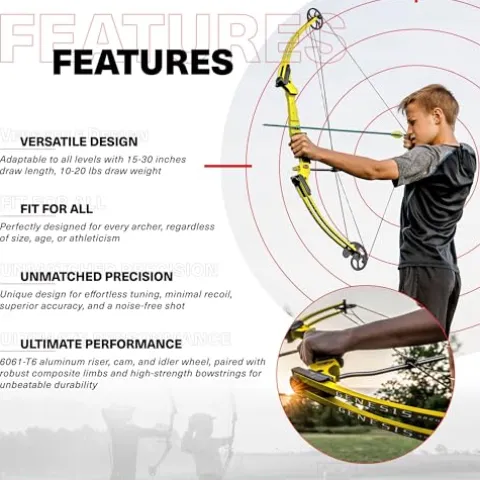 GENESIS Archery Compound Bow Kit Adjustable Draw Length 15″-30″ & Weight 10-20 lbs Left-Handed Yellow