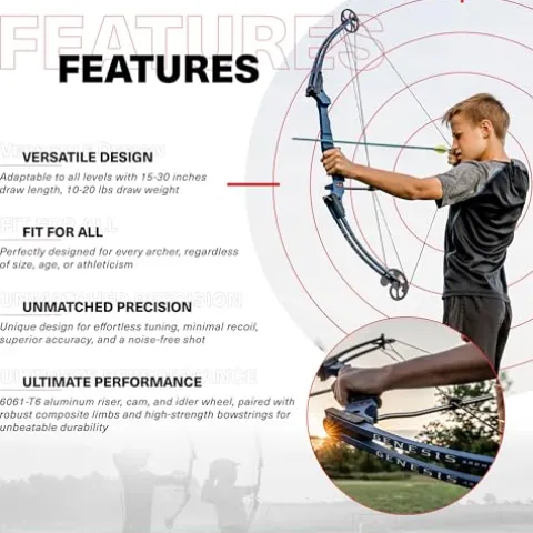 GENESIS Archery Compound Bow Kit Left-Handed Adjustable Draw Length 15″-30″ & Weight 10-20 lbs Red