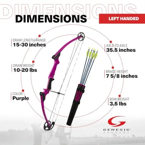 GENESIS Archery Compound Bow Kit Adjustable Draw Length 15″ to 30″ Adjustable Draw Weight 10 to 20 lbs Left-Handed Purple