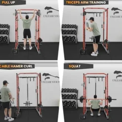 GOCAPTAIN Power Cage Multi-Functional Rack with Cable Cross-Over and Lat Pull Down Black/Red