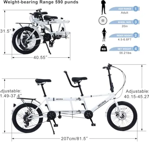 GOJLEX Foldable Tandem Bike 20”City Folding Bicycle White