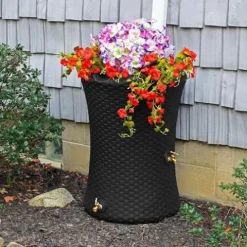 Good Ideas Impressions 50 Gallon Nantucket Rain Barrel Water Collector with Garden Planter and Brass Spigot Black