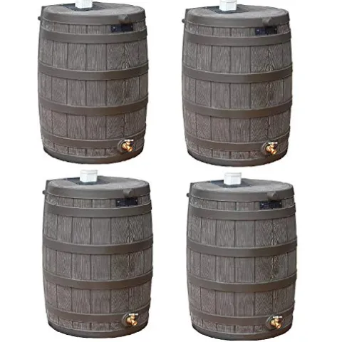 Good Ideas Rain Wizard 50 Gallon Plastic Rain Barrel Water Storage Collector with Brass Spigot, Oak