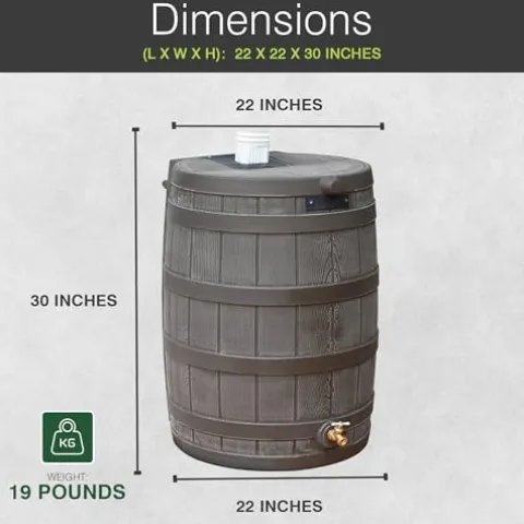 Good Ideas Rain Wizard 50 Gallon Plastic Rain Barrel Water Storage Collector with Brass Spigot, Oak