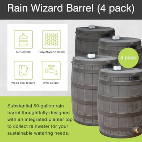 Good Ideas Rain Wizard 50 Gallon Plastic Rain Barrel Water Storage Collector with Brass Spigot, Oak