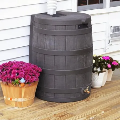 Good Ideas Rain Wizard 50 Gallon Plastic Rain Barrel Water Storage Collector with Brass Spigot, Oak