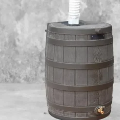 Good Ideas Rain Wizard 50 Gallon Plastic Rain Barrel Water Storage Collector with Brass Spigot, Oak