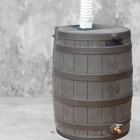 Good Ideas Rain Wizard 50 Gallon Plastic Rain Barrel Water Storage Collector with Brass Spigot, Oak