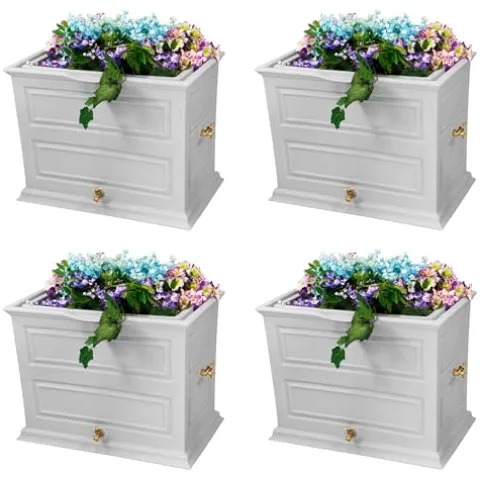 Good Ideas Savannah Colonial Style 42 Gallon Rain Saver Barrel with Planter and Brass Spigots Light Gray 4 Pack