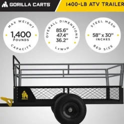 Gorilla Carts Rugged Outdoor ATV Trailer Utility Garden Cart 1400 lb Capacity Black