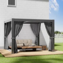 GS CHIER Outdoor Louvered Pergola 10′ x 10′ Adjustable Roof Black with Curtain