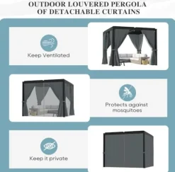 GS CHIER Outdoor Louvered Pergola 10′ x 10′ Adjustable Roof Black with Curtain