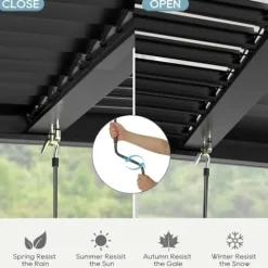 GS CHIER Outdoor Louvered Pergola 10′ x 10′ Adjustable Roof Black with Curtain