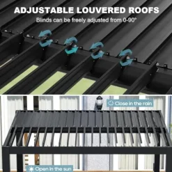 GS CHIER Outdoor Louvered Pergola 10′ x 10′ Adjustable Roof Black with Curtain