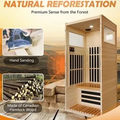 Gxcevsou Far Infrared Sauna 1 Person Hemlock Wood Low EMF Natural