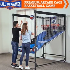 Hall of Games Indoor Arcade Basketball Games Multiple Styles 2-Player Arcade Scoring Display with Rubber Basketball Set 88″ Tall Steel Cage Extra Wide Game (W/Poly Backboard)
