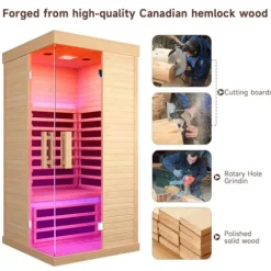 HAOYAYA Indoor Far Infrared Sauna Canadian Hemlock Single Person Spa with Oxygen Bar, 7 Color Therapy, 1420W Low-EMF