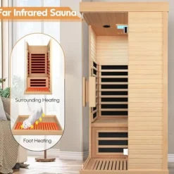 HAOYAYA Indoor Far Infrared Sauna Canadian Hemlock Single Person Spa with Oxygen Bar, 7 Color Therapy, 1420W Low-EMF