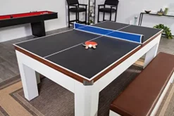 Hathaway Newport 7-ft Pool Table Tennis Combination with Dining Top, Two STO Newport II 7-ft Pool Table Combo Set with Benches – White with Camel Felt – Walnut
