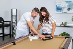 Hathaway Newport 7-ft Pool Table Tennis Combination with Dining Top, Two STO Newport II 7-ft Pool Table Combo Set with Benches – White with Camel Felt – Walnut