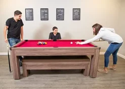 Hathaway Newport 7-ft Pool Table Tennis Combination with Dining Top, Two Storage Benches – Woodtone