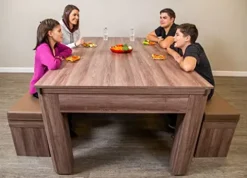 Hathaway Newport 7-ft Pool Table Tennis Combination with Dining Top, Two Storage Benches – Woodtone