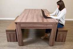 Hathaway Newport 7-ft Pool Table Tennis Combination with Dining Top, Two Storage Benches – Woodtone