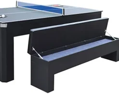 Hathaway Park Avenue 7-ft Pool Table Tennis Combination with Dining Top, Two Storage Benches – Black and Red Felt
