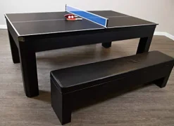 Hathaway Park Avenue 7-ft Pool Table Tennis Combination with Dining Top, Two Storage Benches – Black and Red Felt