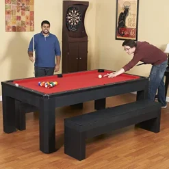 Hathaway Park Avenue 7-ft Pool Table Tennis Combination with Dining Top, Two Storage Benches – Black and Red Felt