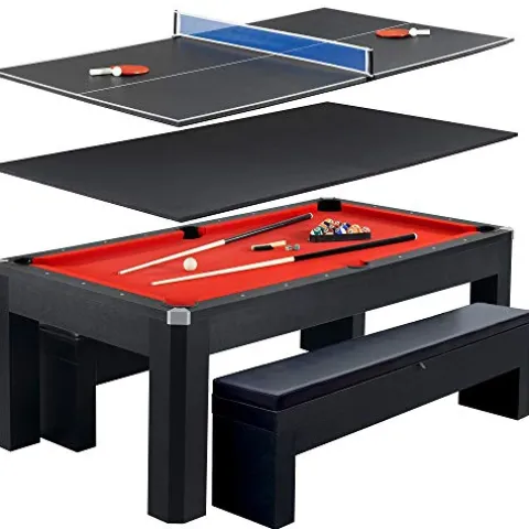 Hathaway Park Avenue 7-ft Pool Table Tennis Combination with Dining Top, Two Storage Benches – Black and Red Felt
