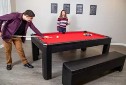 Hathaway Park Avenue 7-ft Pool Table Tennis Combination with Dining Top, Two Storage Benches – Black and Red Felt