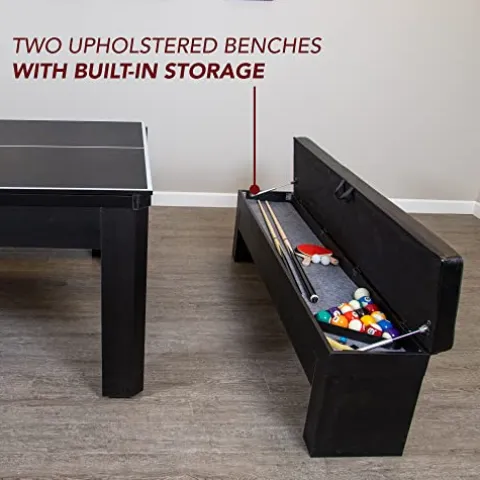 Hathaway Park Avenue 7-ft Pool Table Tennis Combination with Dining Top, Two Storage Benches – Black and Red Felt