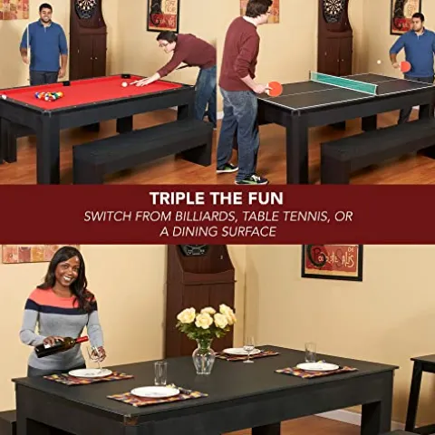 Hathaway Park Avenue 7-ft Pool Table Tennis Combination with Dining Top, Two Storage Benches – Black and Red Felt