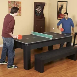 Hathaway Park Avenue 7-ft Pool Table Tennis Combination with Dining Top, Two Storage Benches – Black and Red Felt