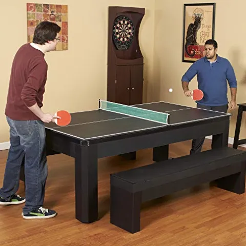 Hathaway Park Avenue 7-ft Pool Table Tennis Combination with Dining Top, Two Storage Benches – Black and Red Felt