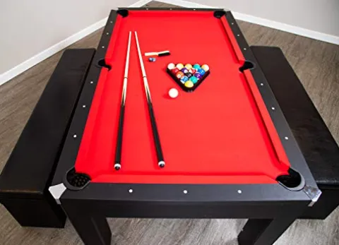 Hathaway Park Avenue 7-ft Pool Table Tennis Combination with Dining Top, Two Storage Benches – Black and Red Felt