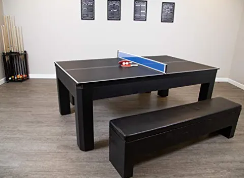 Hathaway Park Avenue 7-ft Pool Table Tennis Combination with Dining Top, Two Storage Benches – Black and Red Felt